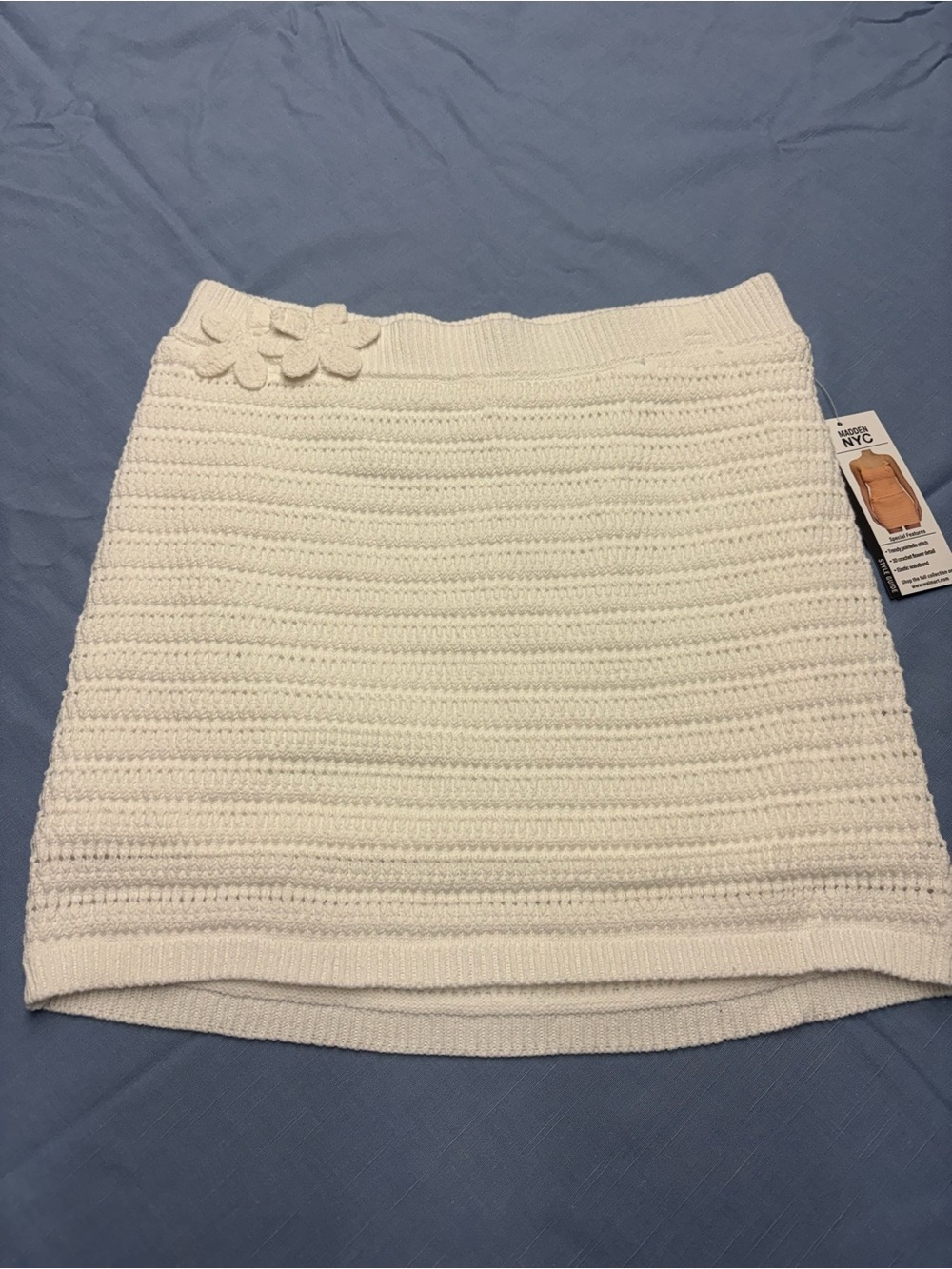 White Crochet-Style Mini Skirt with Floral Waist Detail